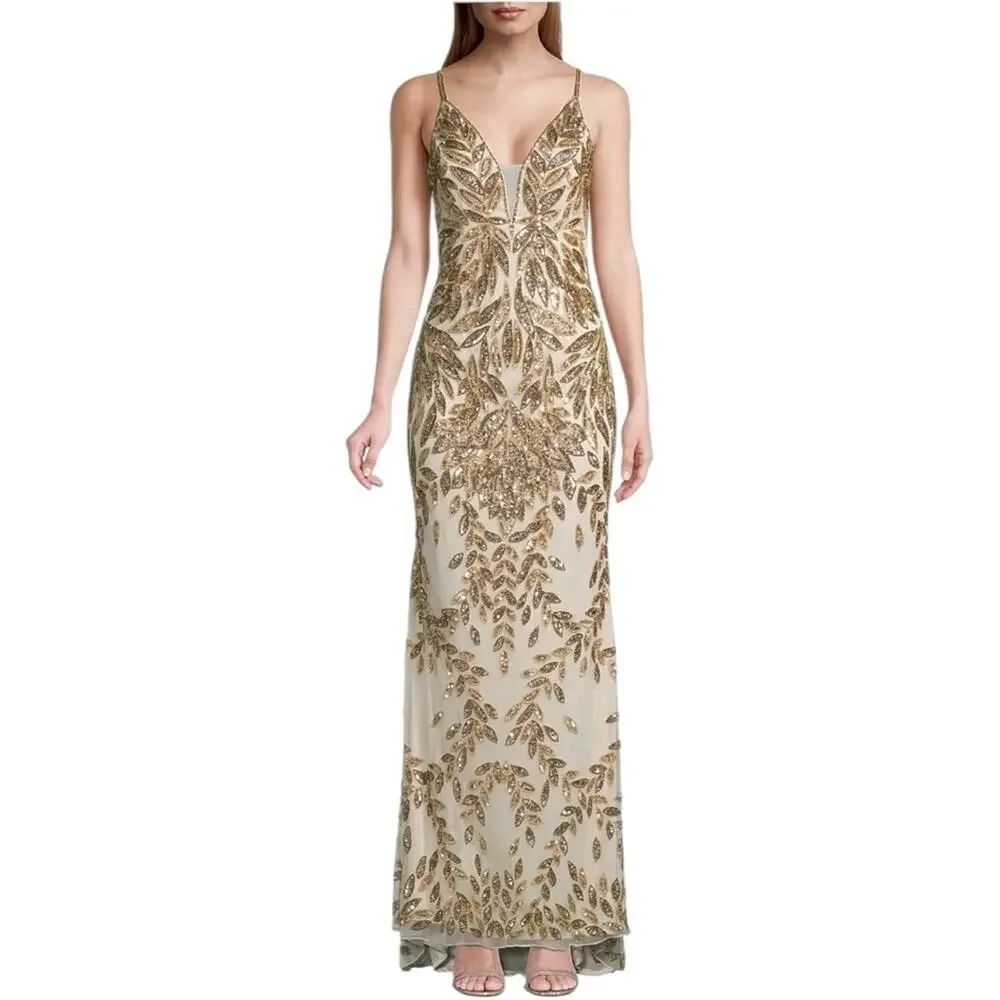 Mac Duggal Hand Embellished Sleeveless Evening Gown Nude Gold Size 10 #5107 NWT